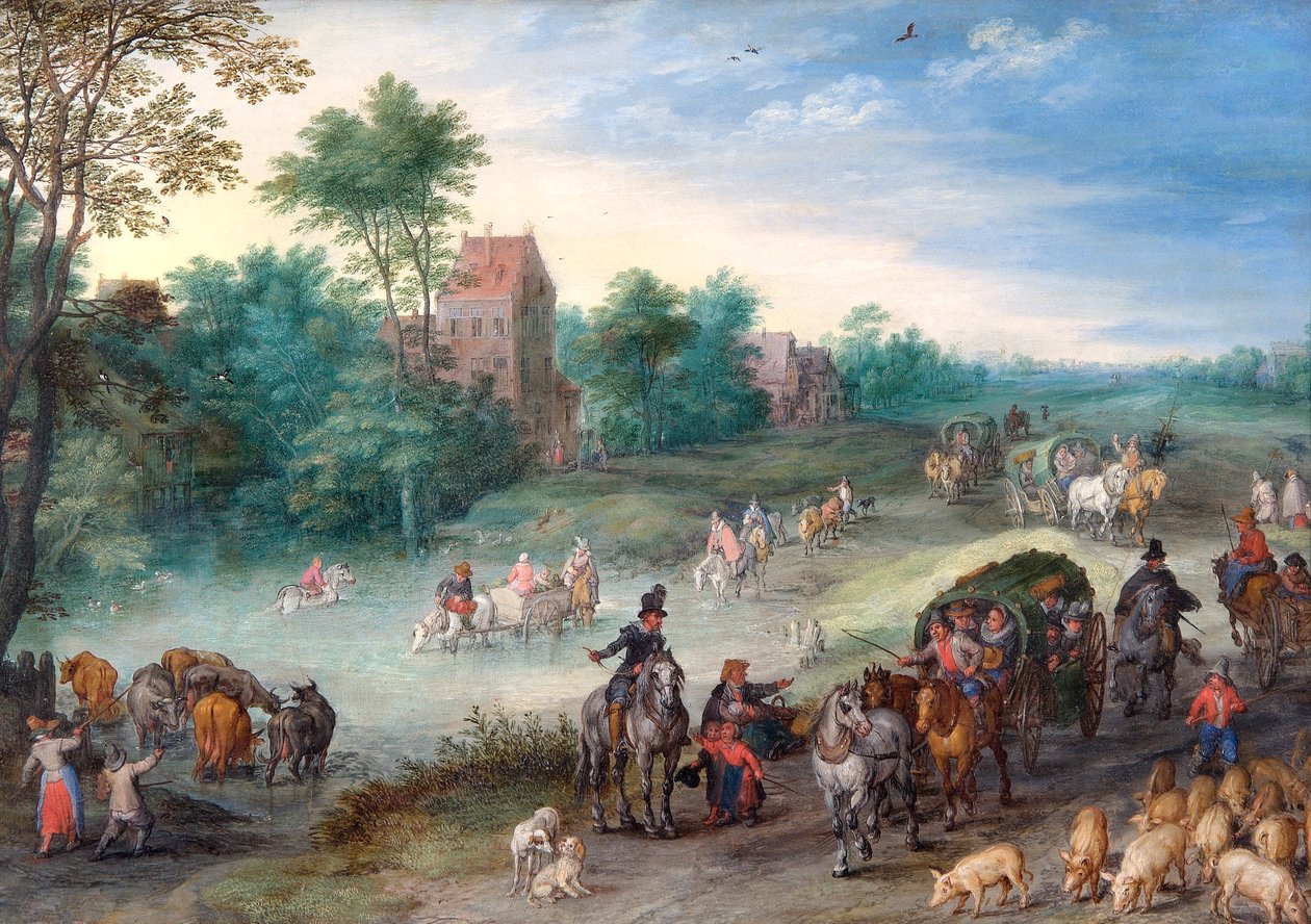 Rejsende på en landevej med kvæg og svin af Jan the Elder Brueghel