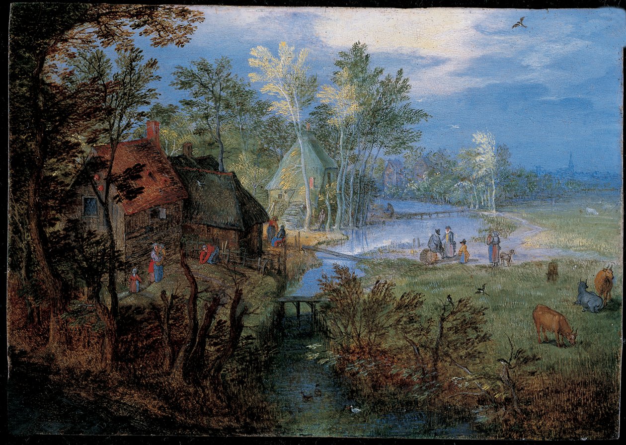 Landsby med bønder og dyr af Jan the Elder Brueghel