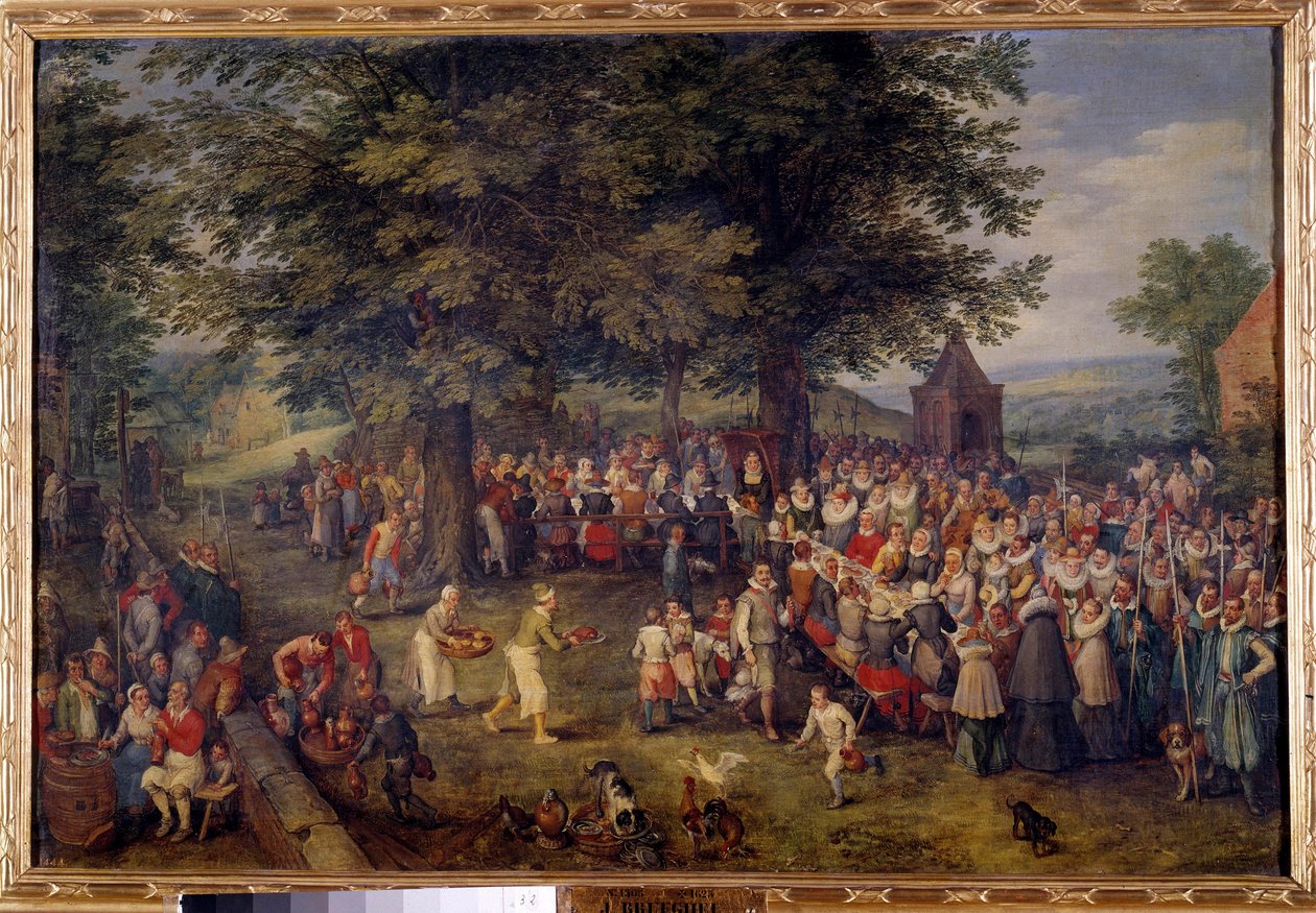 Bryllupsbanket Scene bryllupsmiddag i en landsby. Maleri af Jan Brueghel (eller Bruegel eller Brueghel eller Brueghel), tidligere kendt som Bruegel de Velours (1568-1625) 1600-tallets Madrid, Musee du Prado af Jan the Elder Brueghel