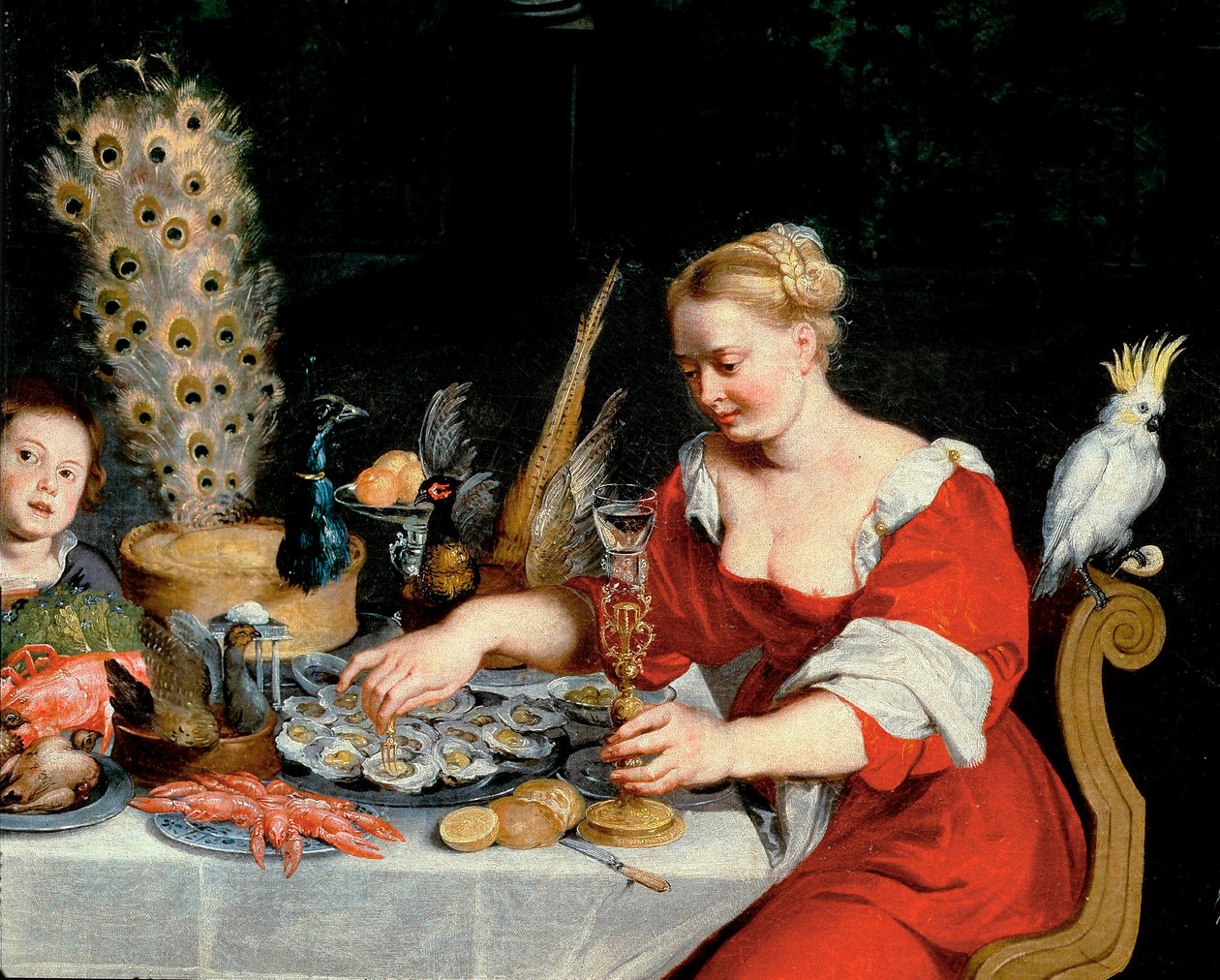 Kvinde, der spiser østers, detalje fra Allegory of Four Elements af Jan the Elder Brueghel