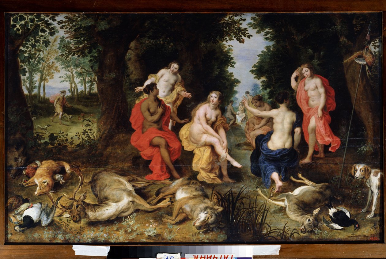 Dianas hvile på jagten Dyrene (ulv, hjorte, ræv), der blev dræbt af jagtens gudinde, ligger på jorden, mens hun hviler omgivet af nymfer. Maleri af Jan Breugel den Ældre kaldet Bruegel de Velours (Br af Jan the Elder Brueghel