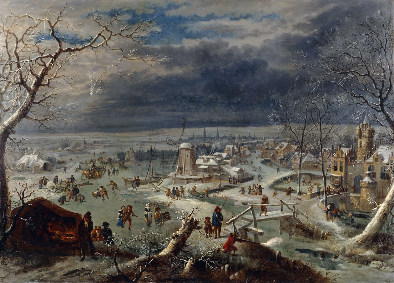 Et vinterlandskab med skatere på en frossen vandvej ved en landsby, en jæger i forgrunden, Antwerpen hinsides, af Jan the Elder Griffier