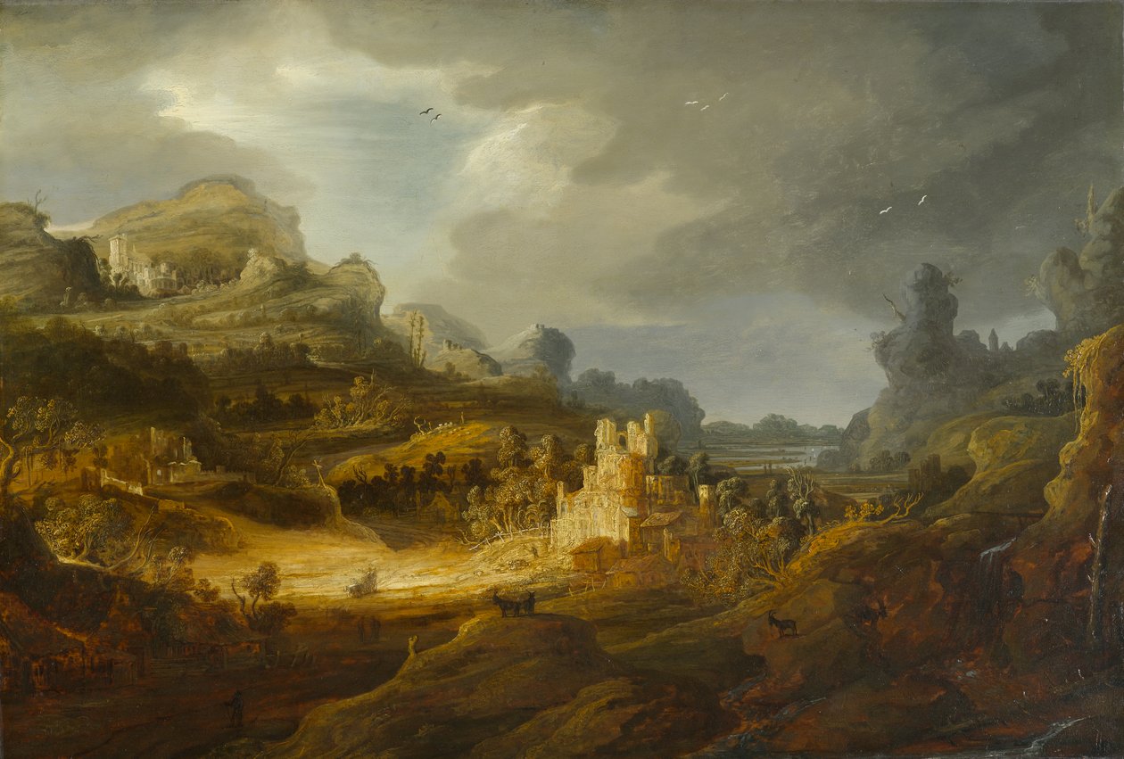 Fantastisk landskab, omkring 1643-1645 (olie på vugget panel) af Jan the Elder Lievens
