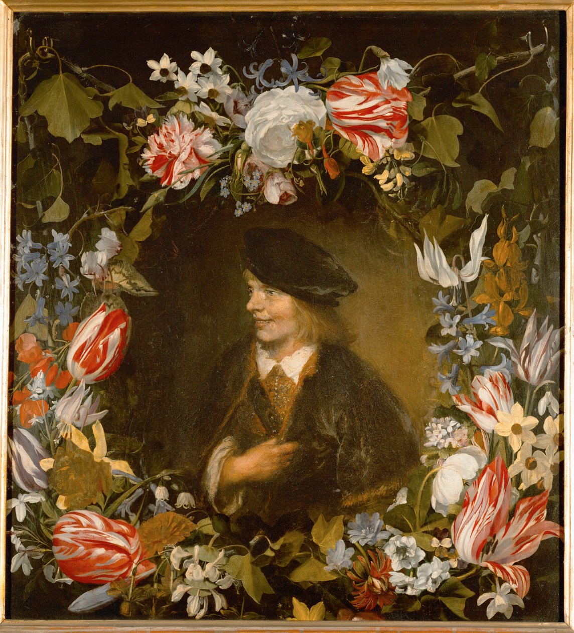 Portræt af en ung mand omgivet af blomster (maleri på egetræ) af Jan the Elder Lievens