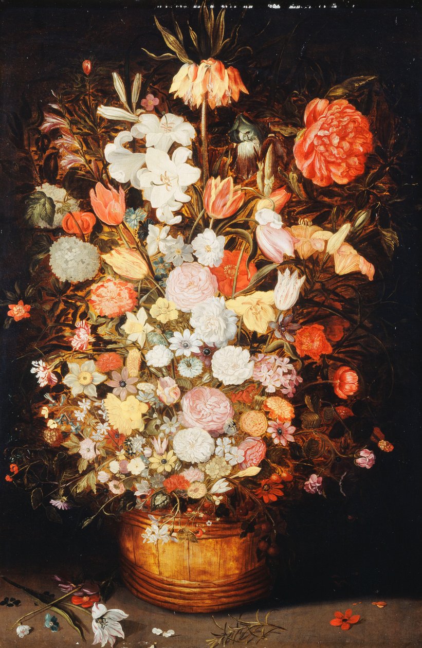 Et stilleben af blomster i en træbalje, ca. 1630