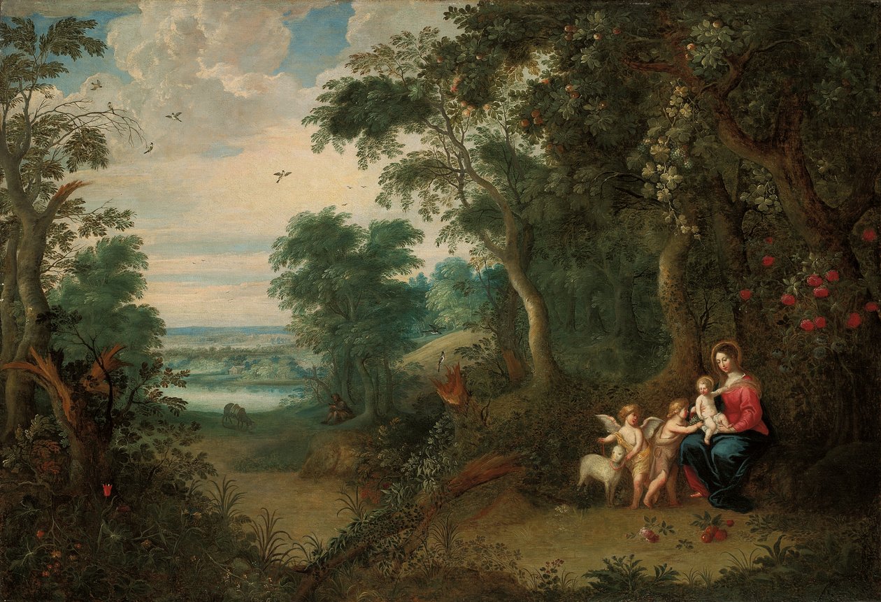 Et skovklædt landskab med Jomfru og Barn, spædbarnet Johannes Døberen og en engel af Jan Brueghel the Younger
