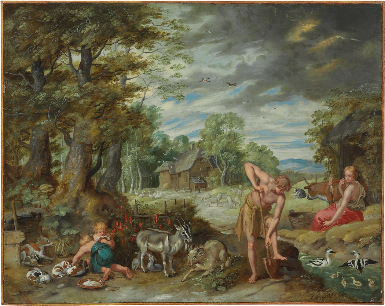 Adam på arbejde i en mark, fra Historien om Adam og Eva af Jan Brueghel the Younger