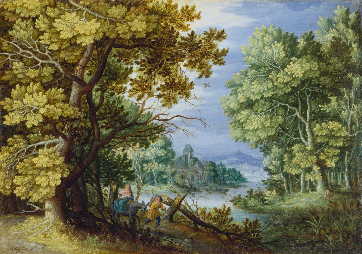 Skovlandskab med flugt til Egypten, ca. 1620 -50 (olie på kobber) af Jan the Younger Brueghel