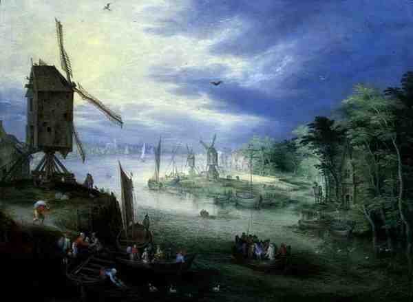 Flodlandskab med vindmøller (olie på panel) af Jan the Younger Brueghel