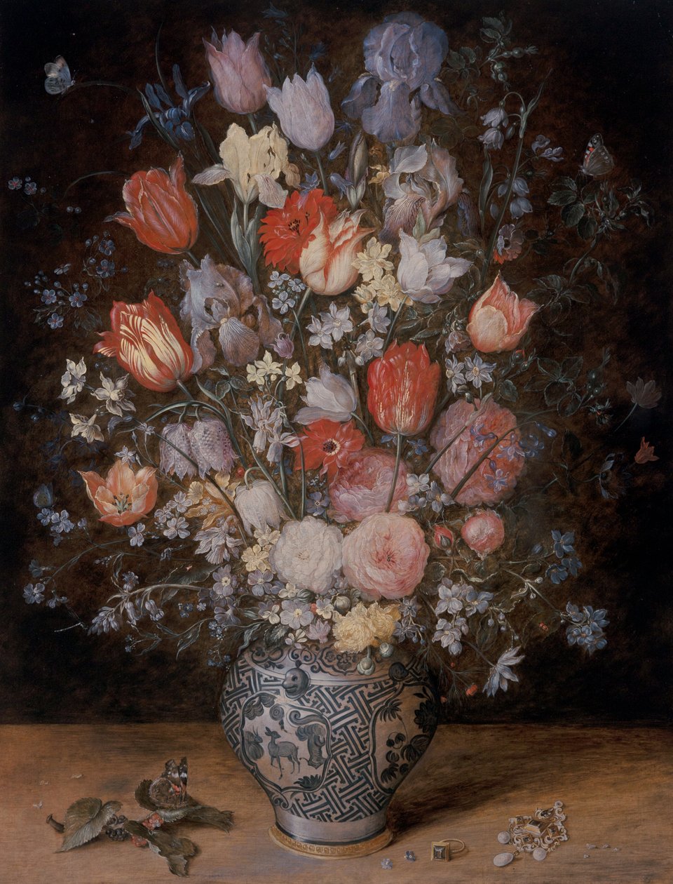 Stilleben af blomster i et træbalje af Jan the Younger Brueghel