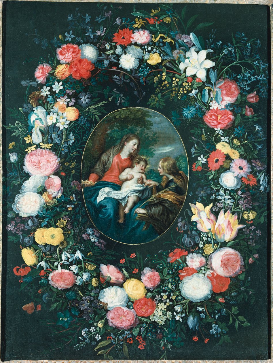 St. Catherines mystiske ægteskab i et landskab, omgivet af en blomsterkrans af Jan Brueghel the Younger