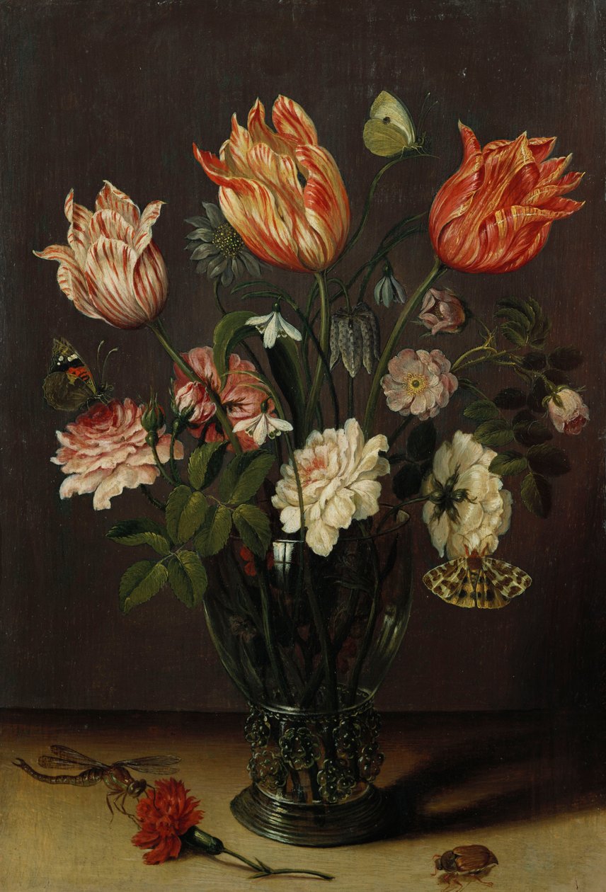 Tulipaner med andre blomster i et glas på et bord af Jan Brueghel the Younger