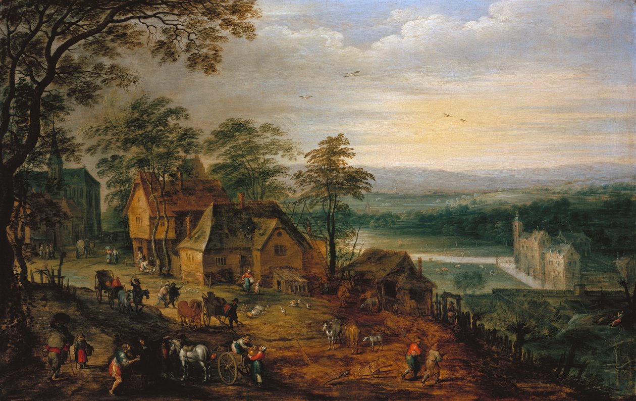 Landsbygade med figurer og vogne, et moated slot i baggrunden af Jan Brueghel the Younger