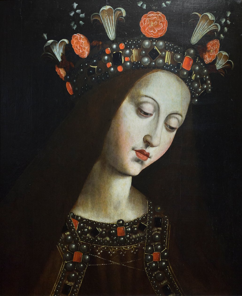 Den kronede jomfru, efter Hubert og Jan van Eyck (olie på træ) af Jan van (after) Eyck