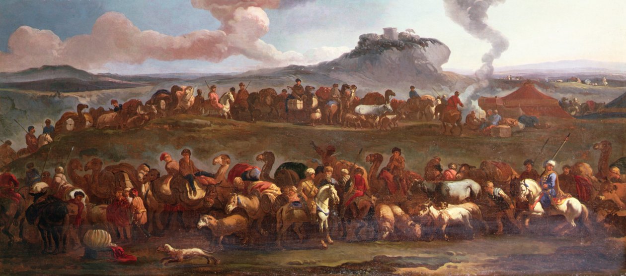 En tyrkisk campingvogn i et landskab (olie på lærred) af Jan van (attr. to) Huchtenburgh