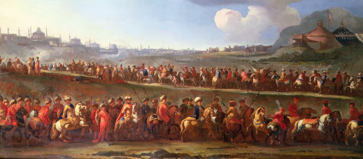 En tyrkisk karavane uden for Konstantinopel (olie på lærred) af Jan van (attr. to) Huchtenburgh