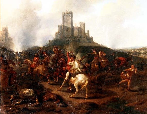 En kavaleriopgør foran en fæstning af Jan van (attr. to) Huchtenburgh