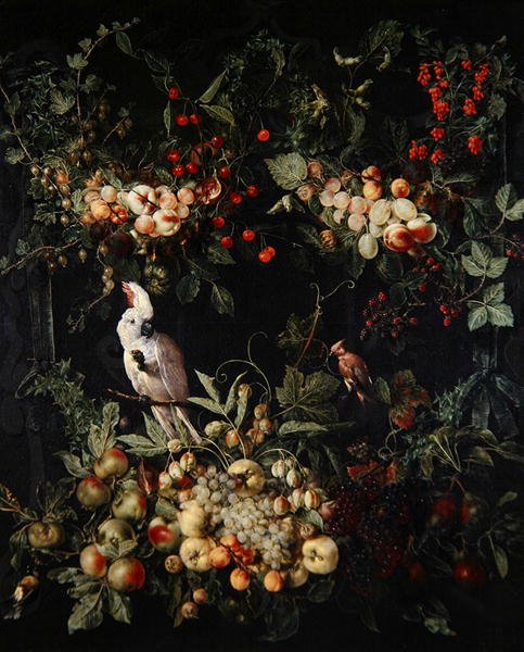 Frugtstykker med blomster rundt om en cartouche med en svovlkakekakadu (olie på lærred) af Jan van (attr. to) Kessel