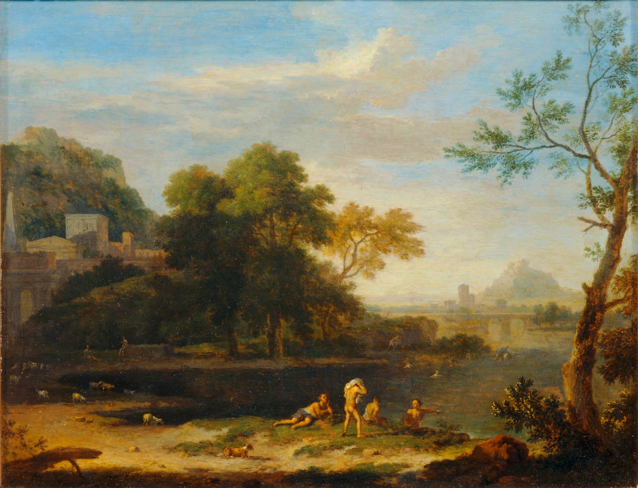 Paysage avec baigneurs - Landskab med badegæster ... af Jan van (follower of) Huysum