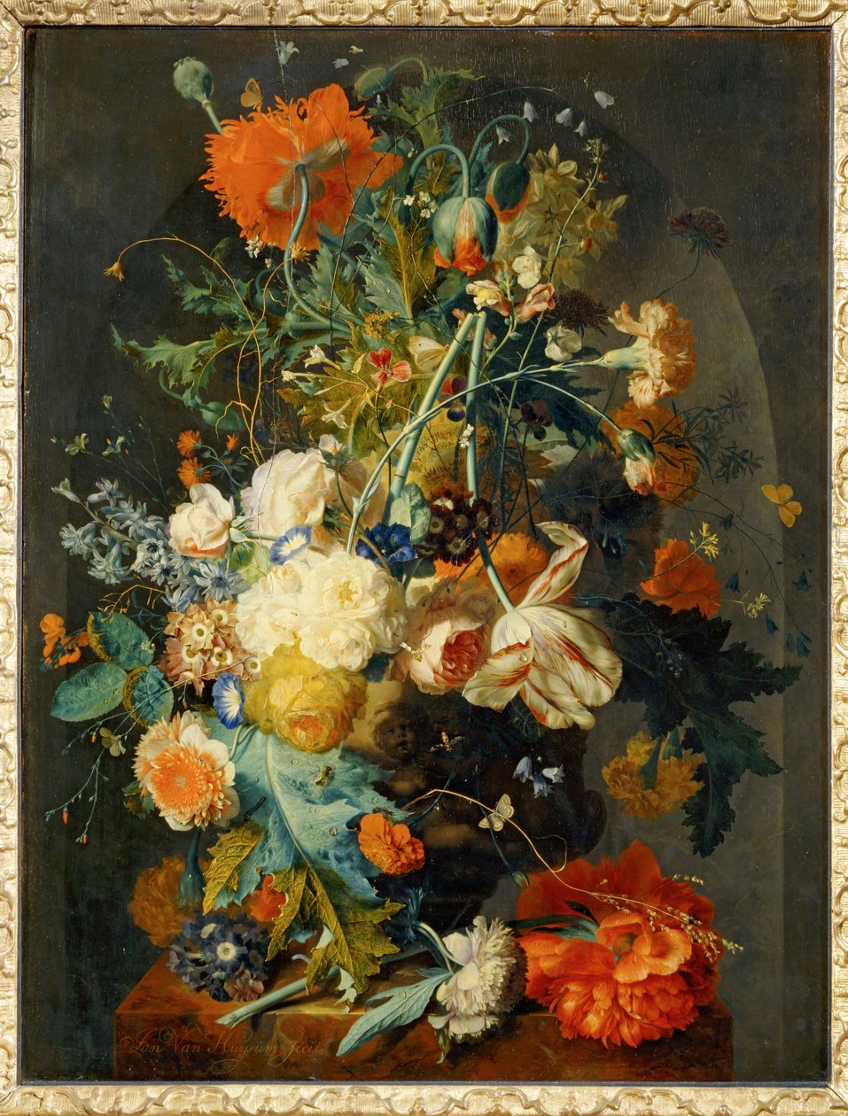 Vase med blomster i en niche ... af Jan van (follower of) Huysum