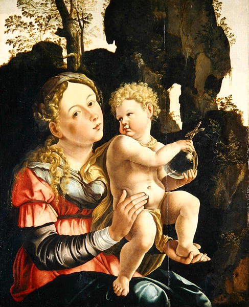 Madonna og barn (olie på panel) af Jan van (studio of) Scorel