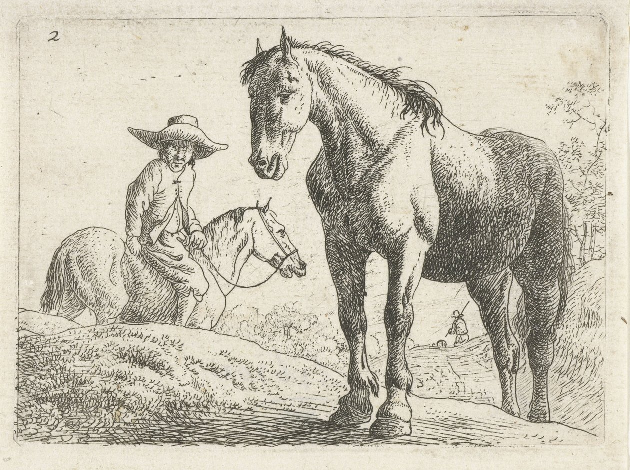 En hest, en mand på hesteryg i baggrunden af Jan van Aken