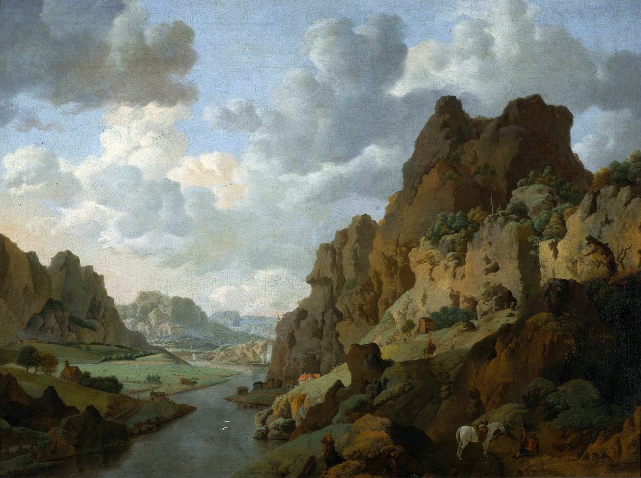 Hollandsk: Bjerglandskab med hvilende rejsende Klippelandskab. af Jan van Aken