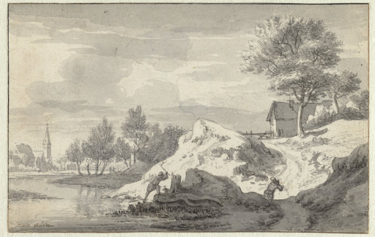 Landskab med figurer, der hugger træ på bredden af en flod af Jan van Aken