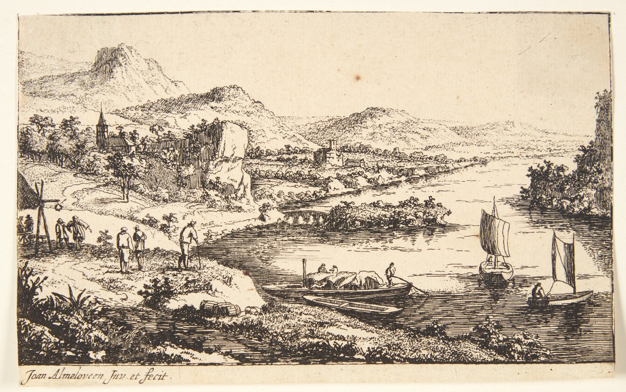 Flodlandskab med vejfarende, t.h. en pram og to joller for sejl af Jan van Almeloveen