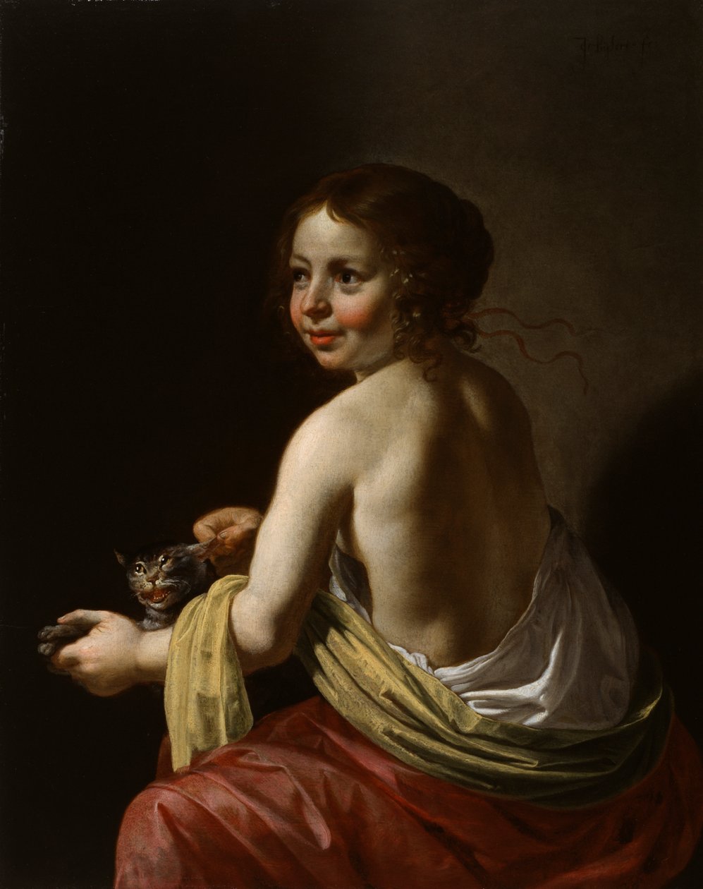 Pige driller en kat, ca. 1630 (olie på panel) af Jan van Bijlert or Bylert
