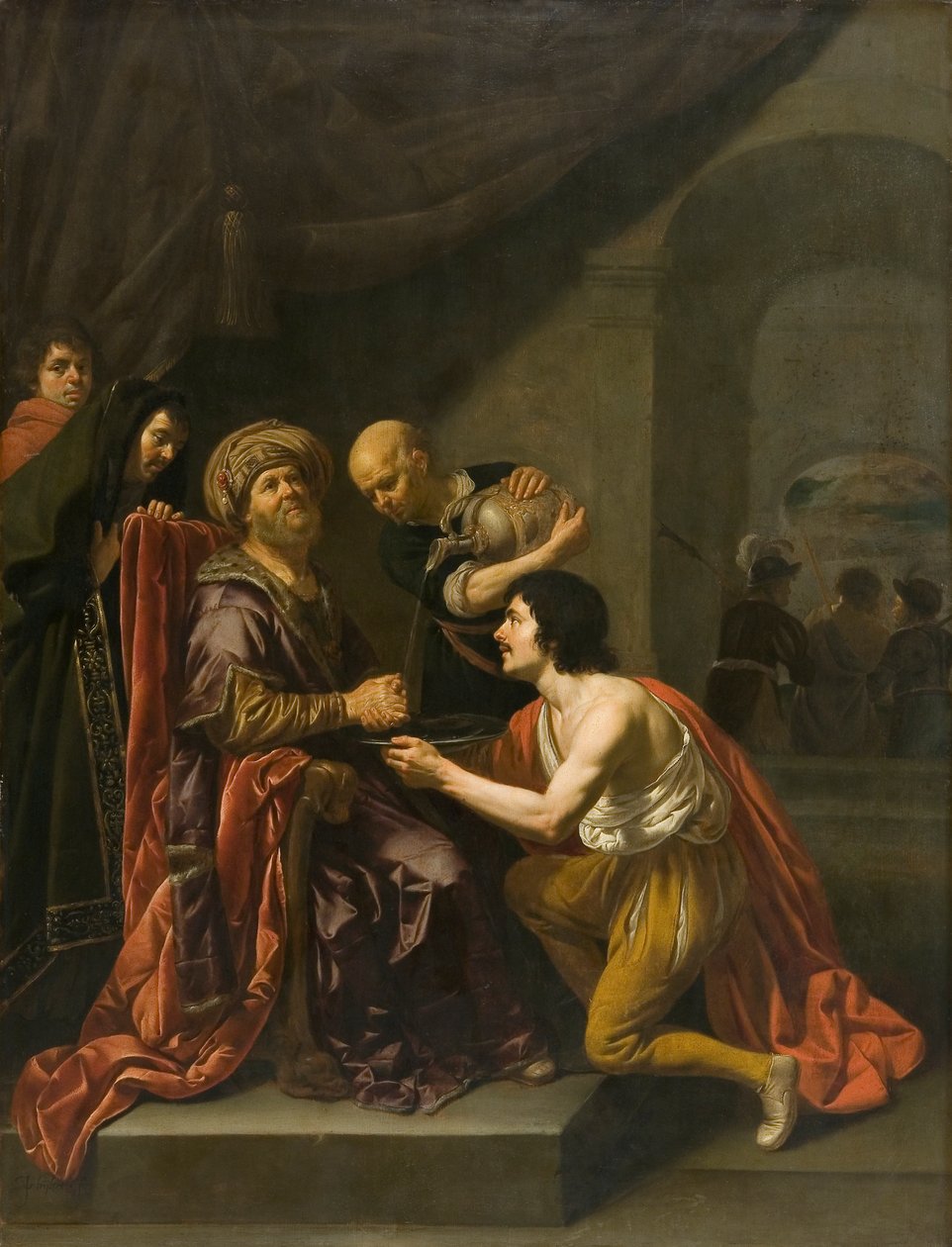 Pilatus vasker sine hænder (olie på panel) af Jan van Bijlert or Bylert