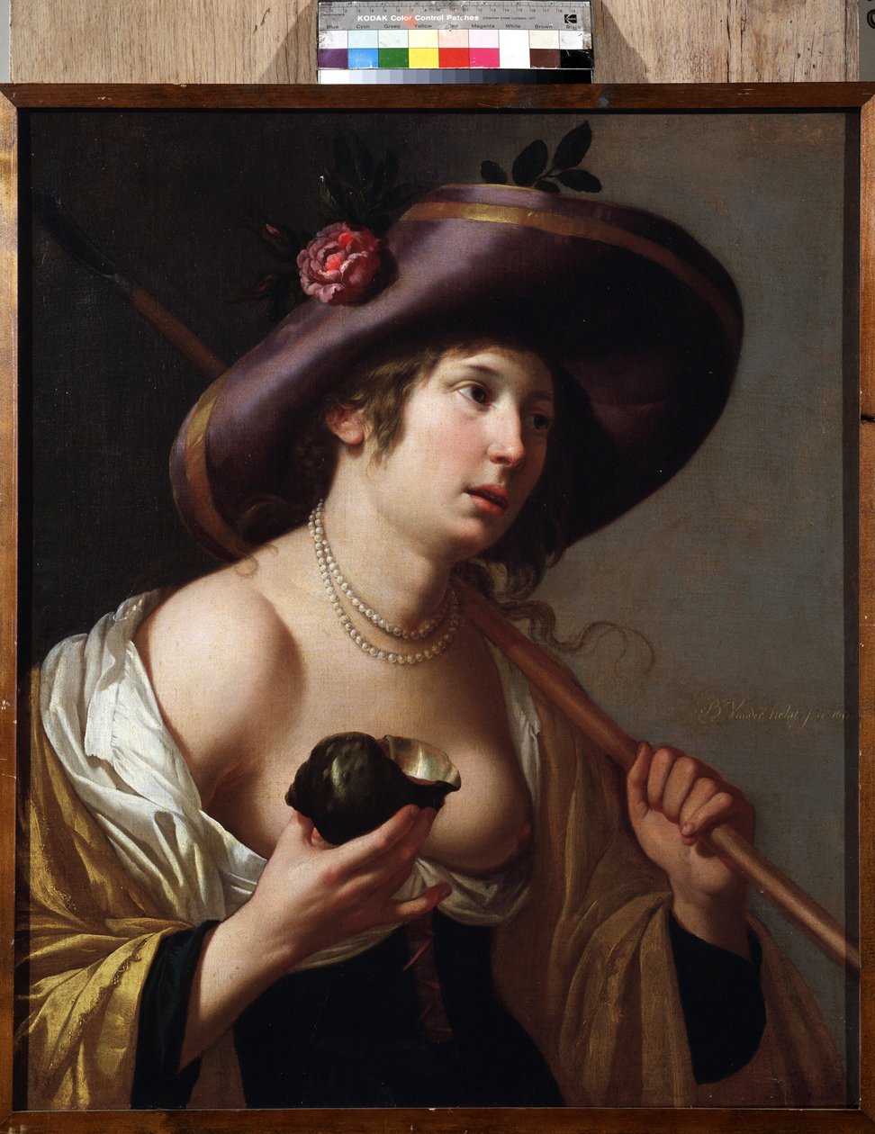 ""Portræt af Granida"" Karakteren af ​​Granida, der holder en skal, som hun bruger til at drikke det vand, som hyrden Daifilo giver hende. Baseret på stykket ""Granida"" af Pieter Corneliszoon Hooft. Maleri af Jan van Bylert (1598-1671) Samlingsmuseet af Jan van Bijlert or Bylert