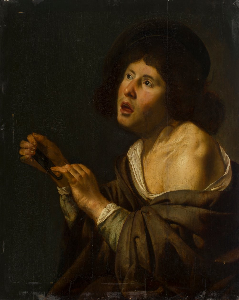 Portræt af en dreng med et instrument (olie på panel lagt på bord) af Jan van Bijlert or Bylert