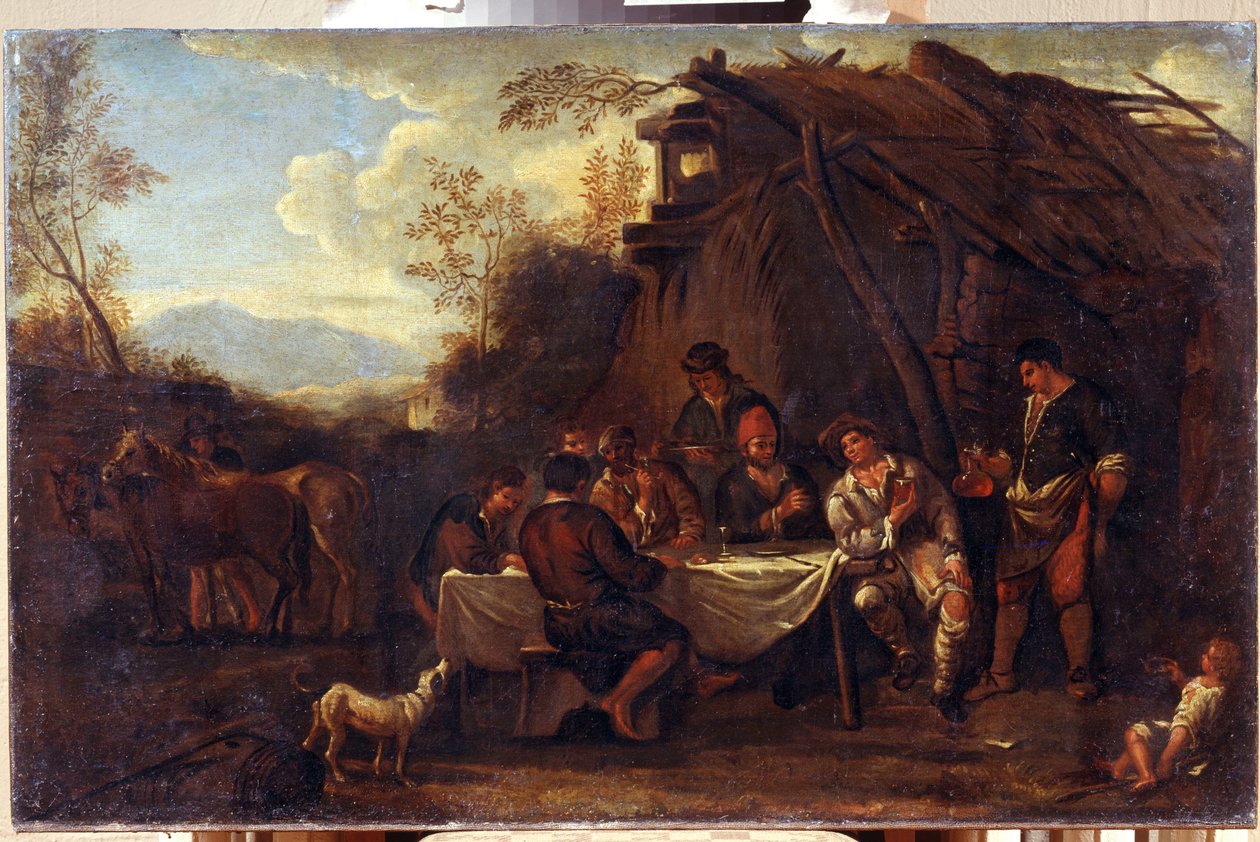 Det glædelige møde (Merrymeeting). Maleri af Jan Miel (1599-1664). kunst i flamsk barokstil. Olie på lærred. Regionalt I. Kramskoi kunstmuseum, Voronezh (Voronezh, Rusland). af Jan van Bike Miel