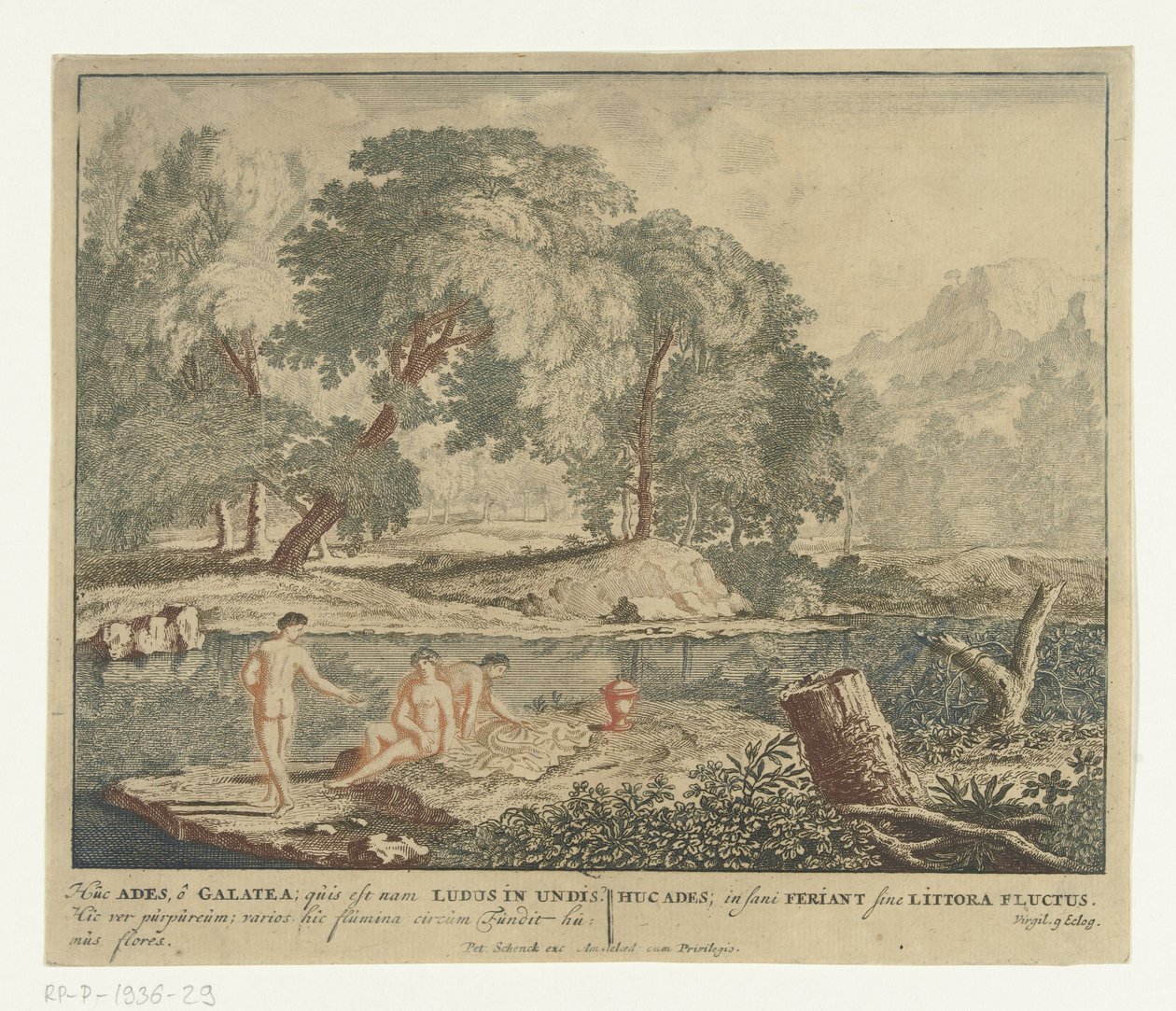 Tre nymfer bader i en sø Scener fra Virgils digtsamling Bucolica (serietitel) af Jan van Call (I)