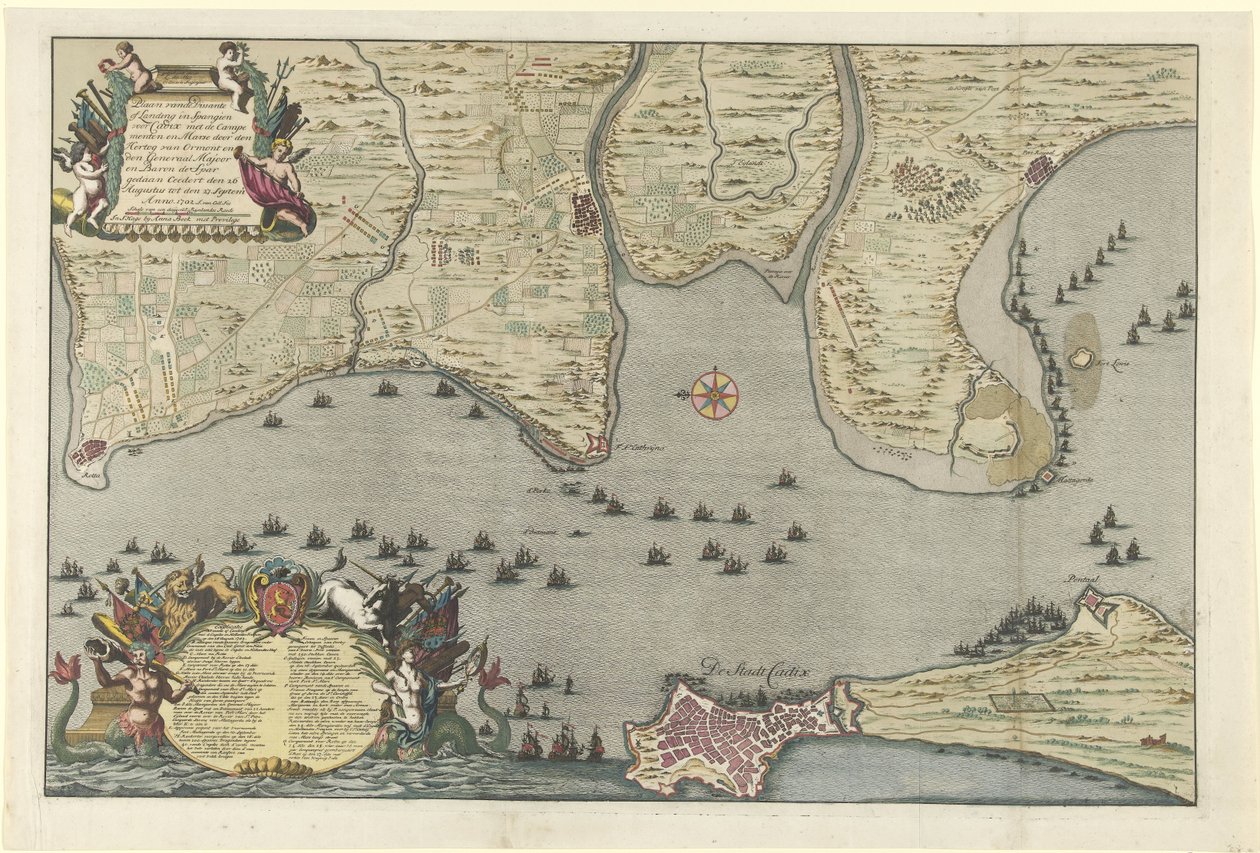 Kort over den allierede landgang og ekspedition i Cadiz, 1702 Plan for Dissante for Landgang i Spangien for Cadix med Campements og Marse udført af hertugen af ​​Ormont og generalen Majoor og Baron de Spar Ceedert den 26. august til af Jan van Call (I)