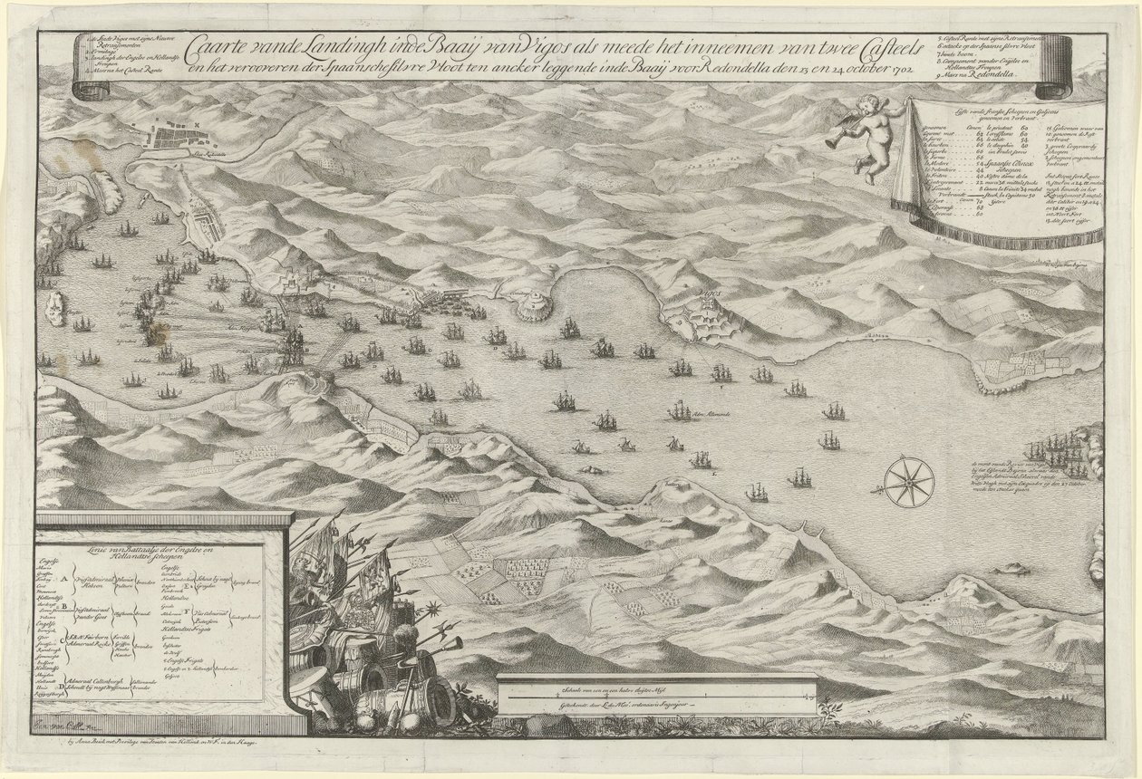 Slaget ved bugten ved Vigo og erobringen af ​​den spanske sølvflåde, 1702 Caarte vande Landingh i Vigos-bugten som en del af erobringen af ​​to Casteels og erobringen af ​​den spanske sølvflåde forankret i Baay for Redondella den af Jan van Call (I)