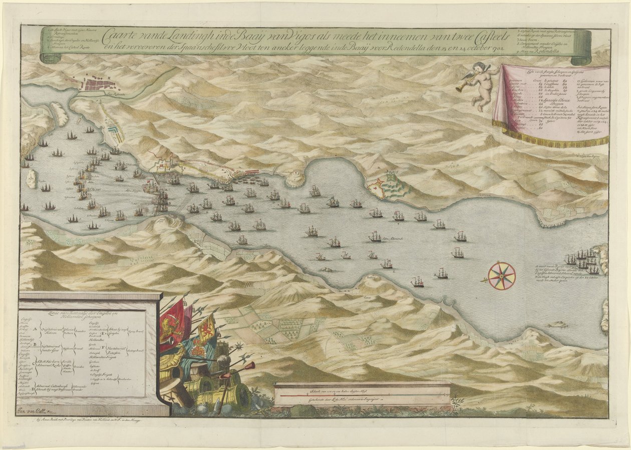 Slaget ved bugten ved Vigo og erobringen af ​​den spanske sølvflåde, 1702 Caarte vande Landingh i Vigos-bugten som en del af erobringen af ​​to Casteels og erobringen af ​​den spanske sølvflåde forankret i Baay for Redondella den af Jan van Call (I)
