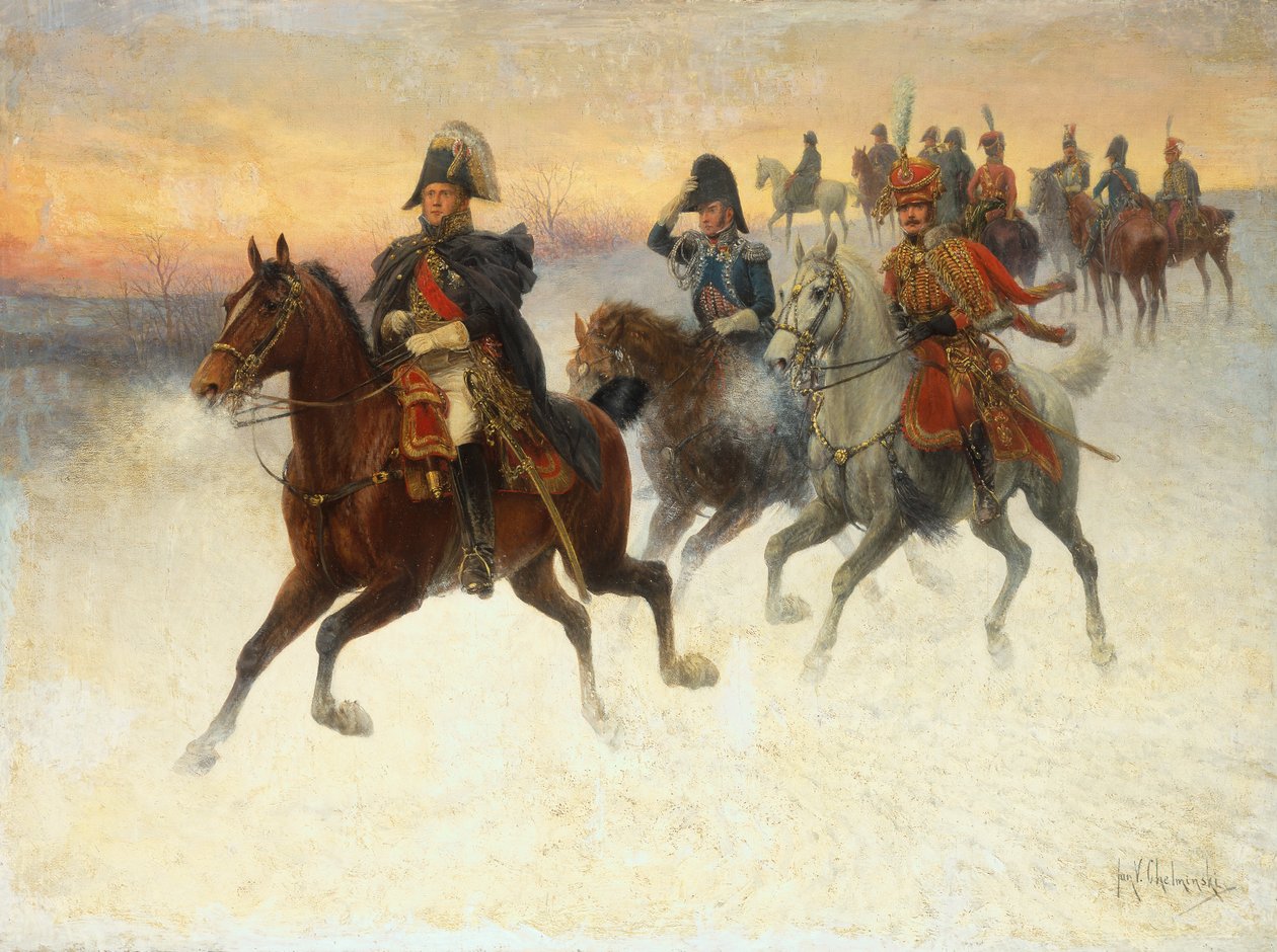 Marshal Ney og Napoleon og deres tropper under det russiske felttog (olie på lærred) af Jan van Chelminski