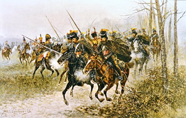Napoleon og hans stab overrasket af kosakker (akvariel på papir) af Jan van Chelminski