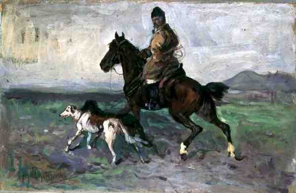Rytter med Greyhounds, ca. 1890 (olie om bord) af Jan van Chelminski