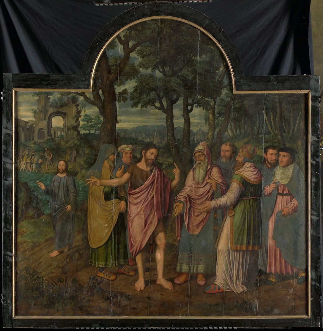 Johannes Døberen formaner farisæerne, centralt panel af en triptykon af Jan van Coninxloo (II)