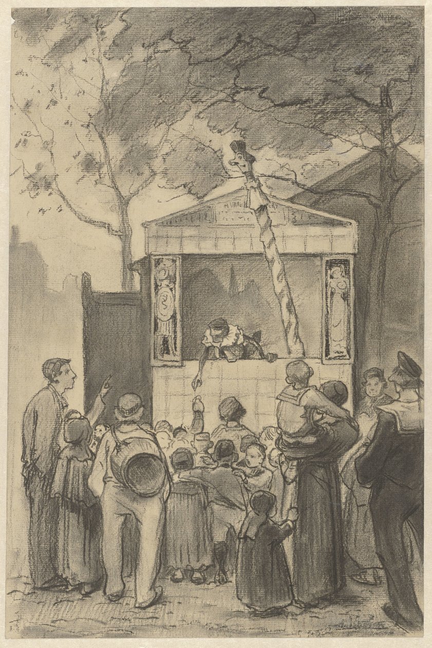 Tilskuere foran et dukketeater af Jan van Essen (possibly)