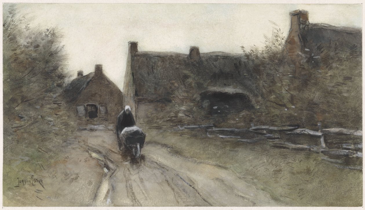 Landsbyudsigt med kvinde med trillebør af Jan van Essen