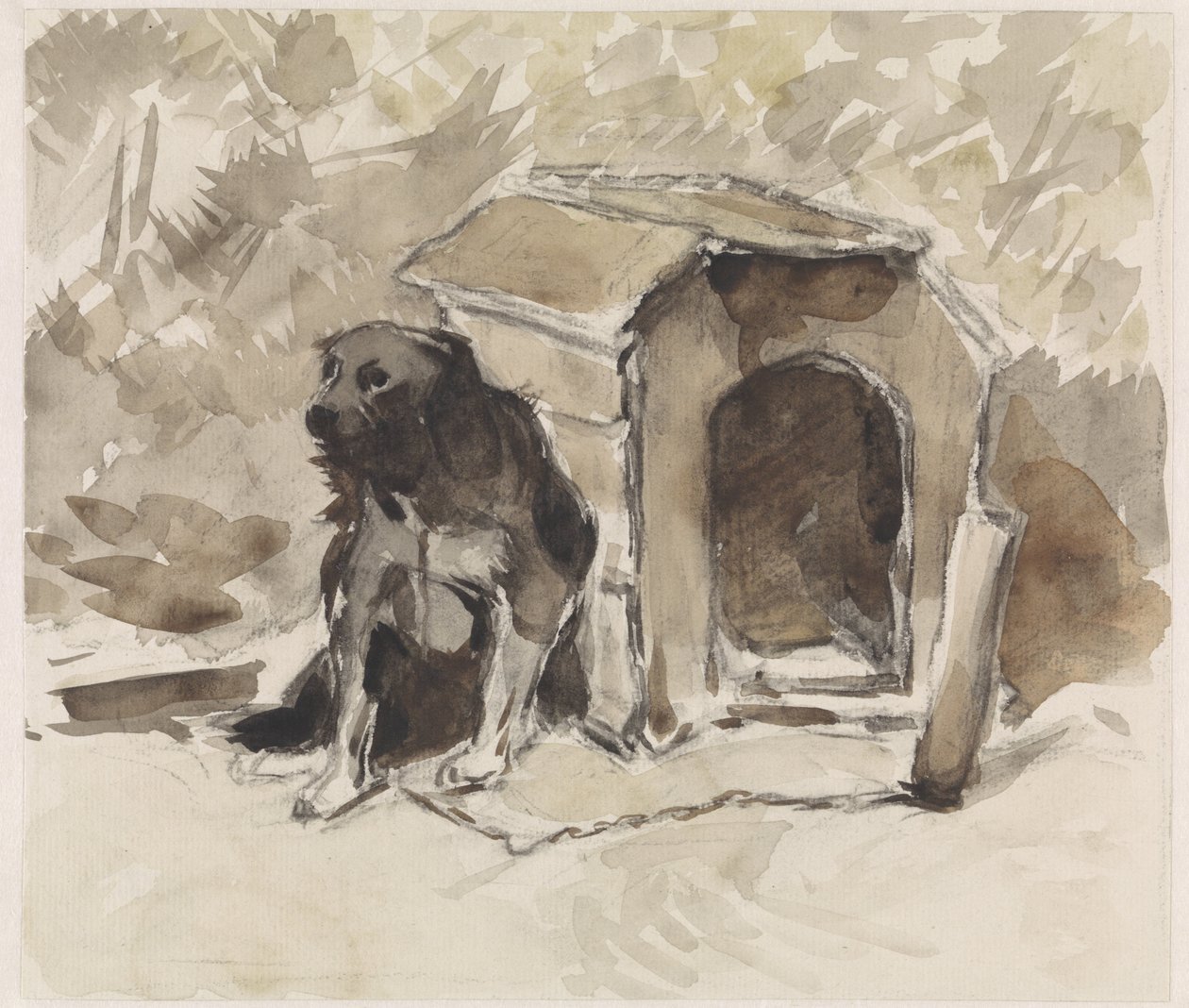 Hund, der sidder i snor foran sin kennel af Jan van Essen