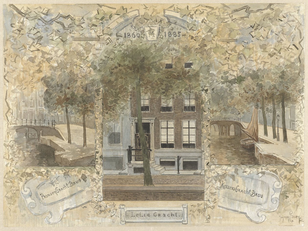 Hus på Leliegracht, flankeret af broerne over Prinsengracht og Keizersgracht af Jan van Essen