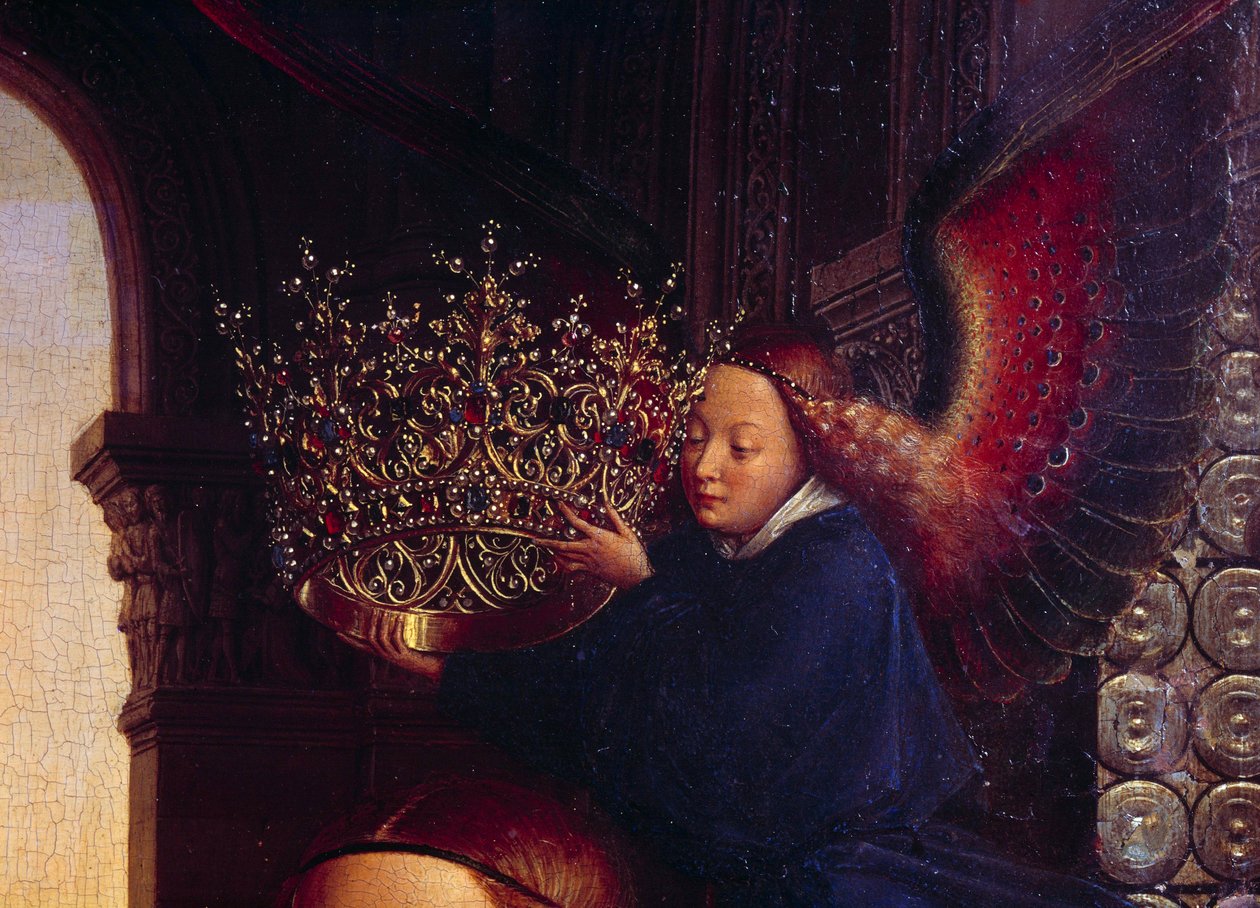 En engel, der kroner Jomfruen. Detalje af "" Jomfruen af kansler Rolin""" Nicolas Rolin (1376-1461) var kansler i Bourgogne under Philippe Le Bon og grundlægger af Hospices de Beaune i 1443. Maleri af Jan van Eyck (1390-1441) af Jan van Eyck
