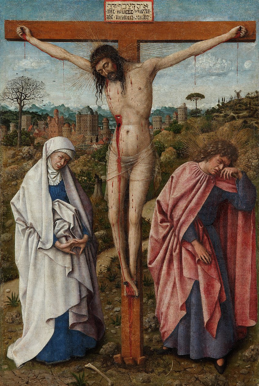 Tysk: Die Kreuzigung Christi Kristus på korset med Jomfru Maria og Sankt Johannes af Jan van Eyck