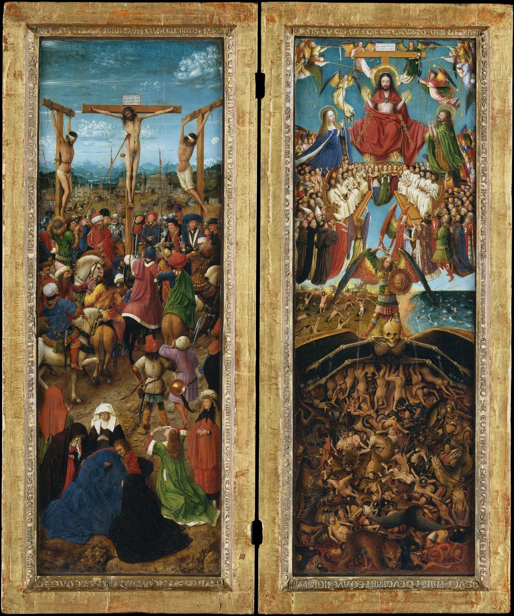 Korsfæstelsen; The Last Judgment, c.1440-41 (olie på lærred overført fra træ) af Jan van Eyck