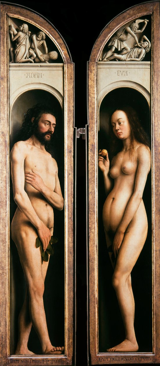 Gent-altertavlen. Tilbedelse af det mystiske lam: Adam og Eva, 1432. af Jan van Eyck